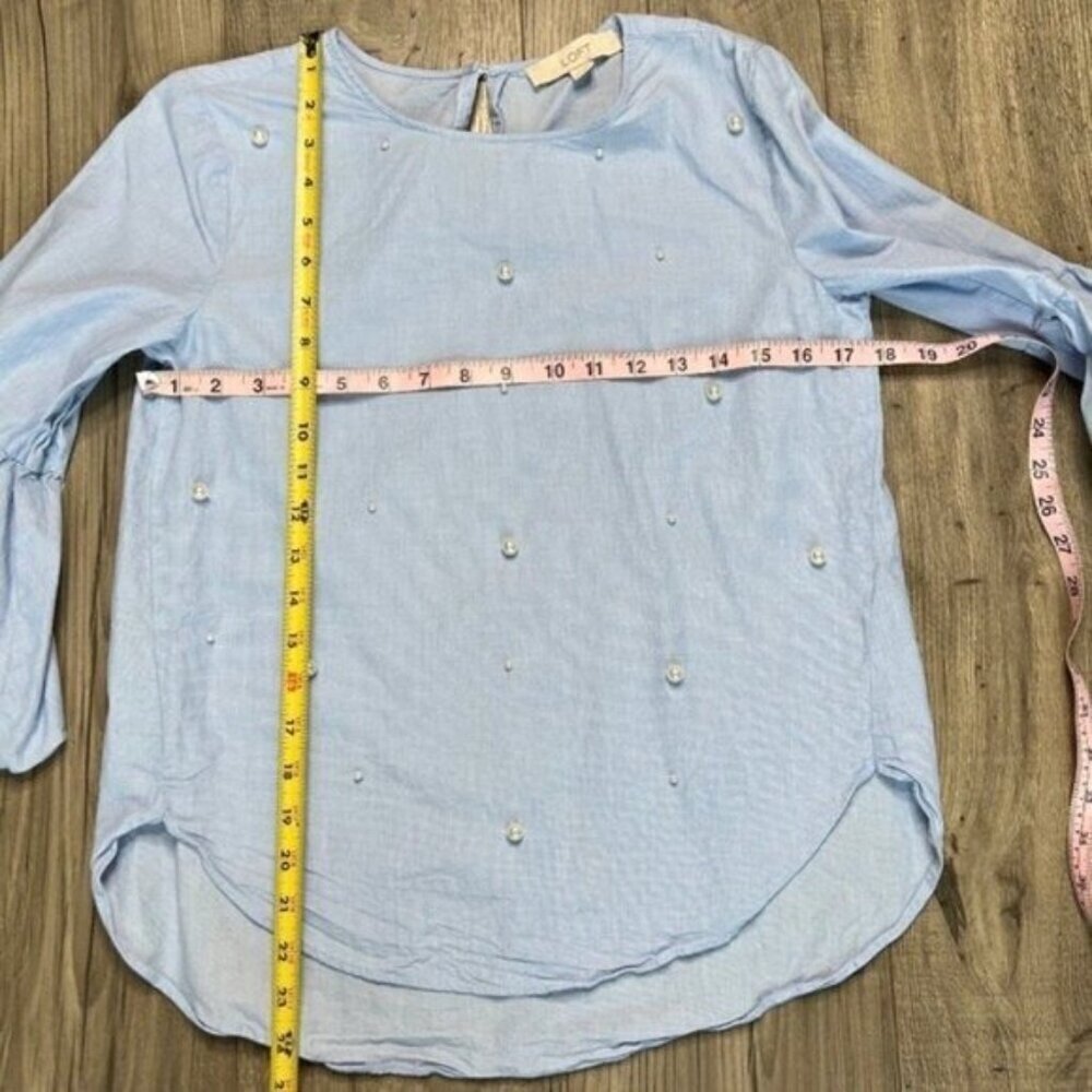 LOFT Heather Blue Cotton Pearl Embellished Blouse Size XS - Picture 4 of 14